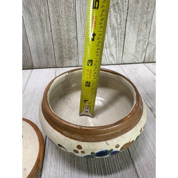 Vintage Mexican Tonala Trinket Dish with Blue Floral Accents 4" Diameter 3" Tall - Picture 12 of 14